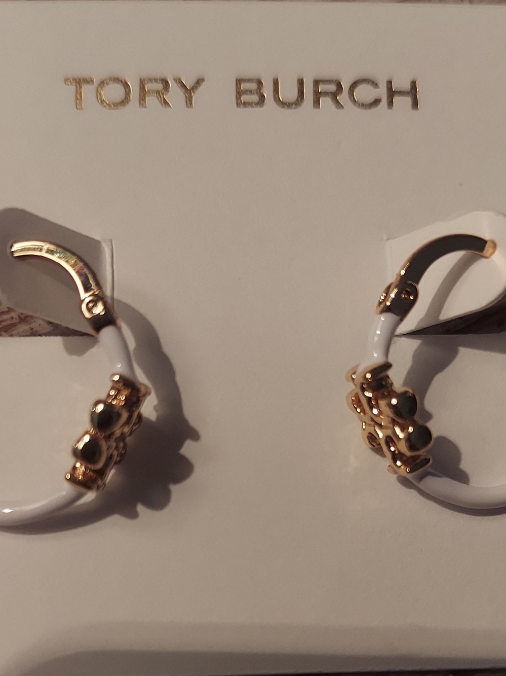 Tory Burch White Enamel Hoop Earrings with Gold Accents - Picture 3 of 4